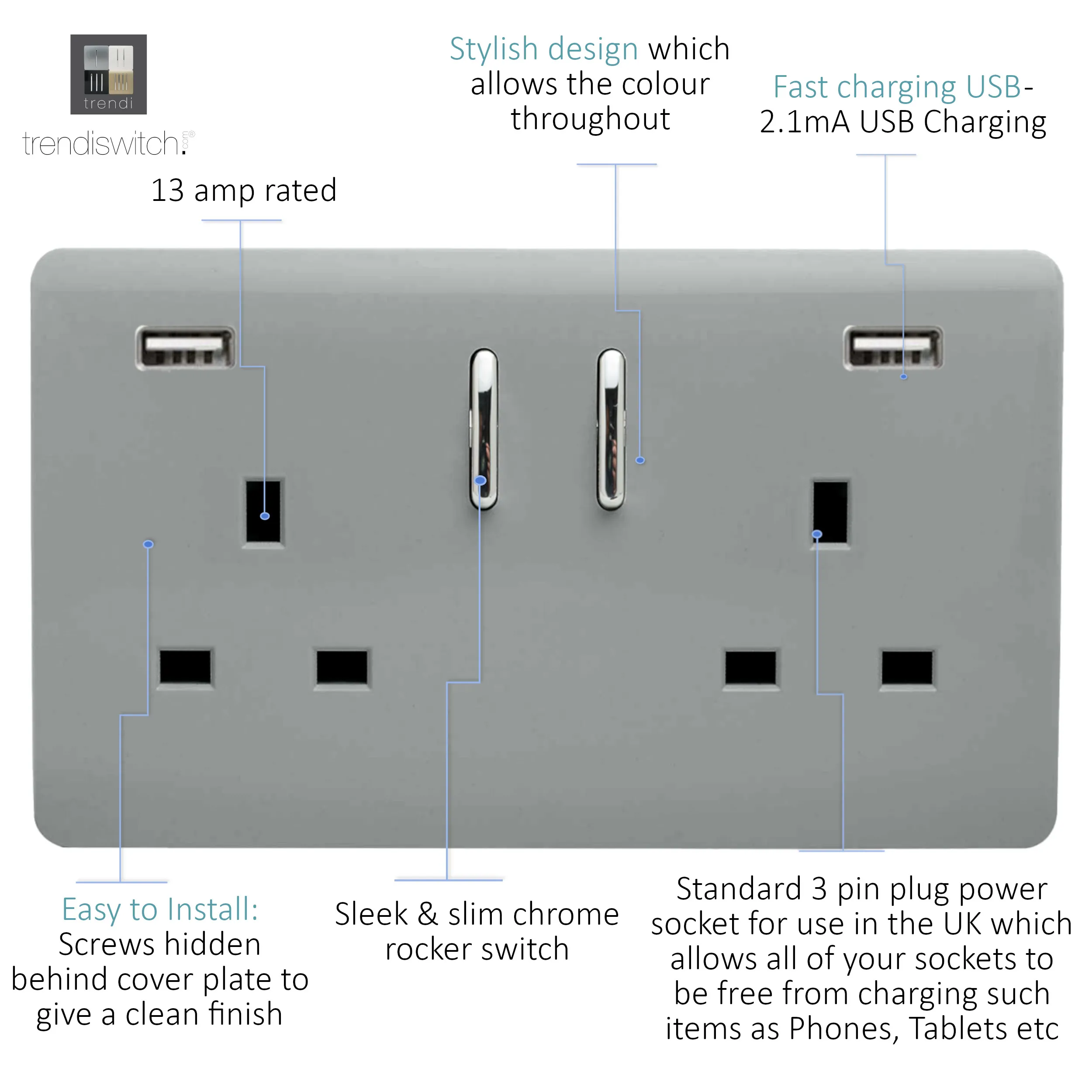 2 Gang 13Amp Short S/W Double Socket With 2x3.1Mah USB Platinum Silver ART-SKT213USB31AASI  Trendi Platinum Silver